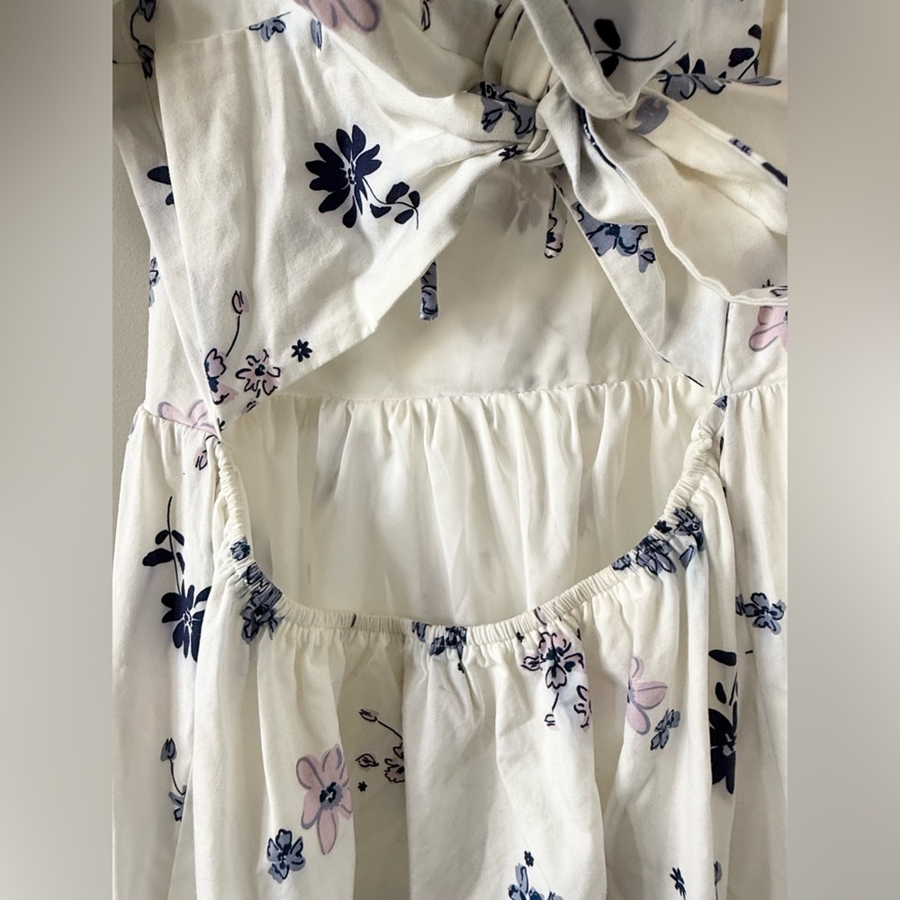 WAYF White Blue Floral Puff Sleeve Tie Back Midi Dress XS - Picture 13 of 15